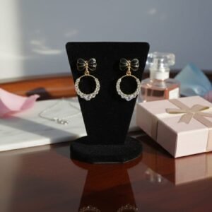 Bow Crystal Drop Earrings – Gold & Black Finish