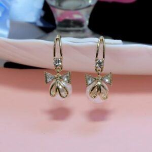 Gold Bow Pearl Drop Earrings for Women
