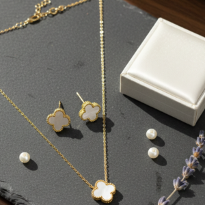 Elegant Clover Pendant & Stud Set – Gold Finish with White Inlay