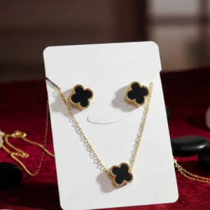 Elegant Black Clover Pendant & Stud Set (Gold Finish)