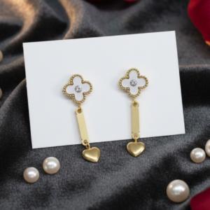 Clover & Heart Drop Gold Earrings