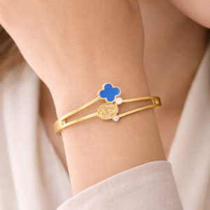 Elegant Blue Clover Gold-Plated Cuff Bracelet for Women