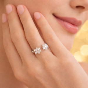 Elegant Floral Crystal Adjustable Ring (Silver Finish)