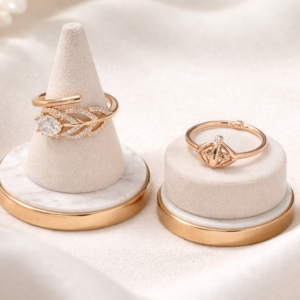 Rose Gold Leaf Crystal Ring & Geometric Accent Ring – Elegant Duo Set