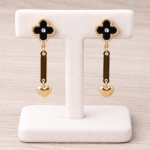 Black Clover Drop Earrings with Gold Heart Charm