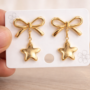 Elegant Bow Star Drop Earrings – Gold Finish
