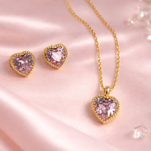 Pink Heart Crystal Pendant & Earring Set