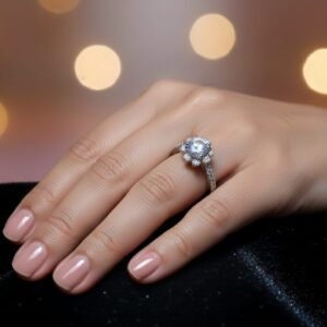 Floral Halo Diamond Style Ring – Elegant Silver Finish