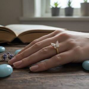 Gold Butterfly Crystal Adjustable Ring – Elegant Open Band Ring for Women