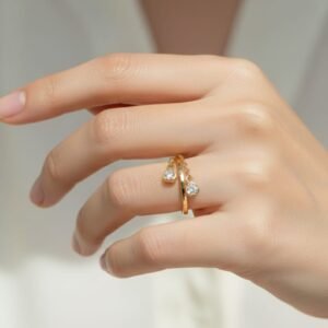 Gold Tone Teardrop Crystal Adjustable Ring – Elegant Minimal Charm Ring for Women