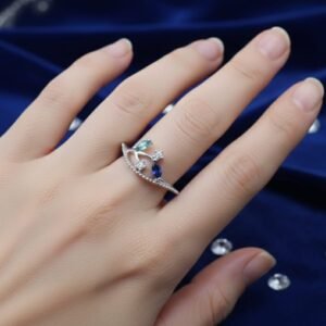 Elegant Floral Leaf Crystal Ring with Blue & Green Stones